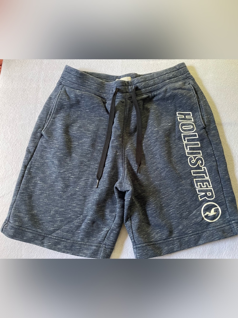 Hollister Men's Heather Navy Drawstring Logo Shorts